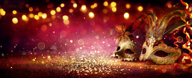 嘉年华派对-威尼斯面具上的红色闪闪发光的流光抽象散焦散光图片下载