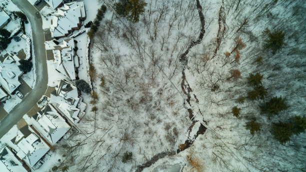 冬天，森林和小溪蜿蜒在郊区的房屋旁图片下载