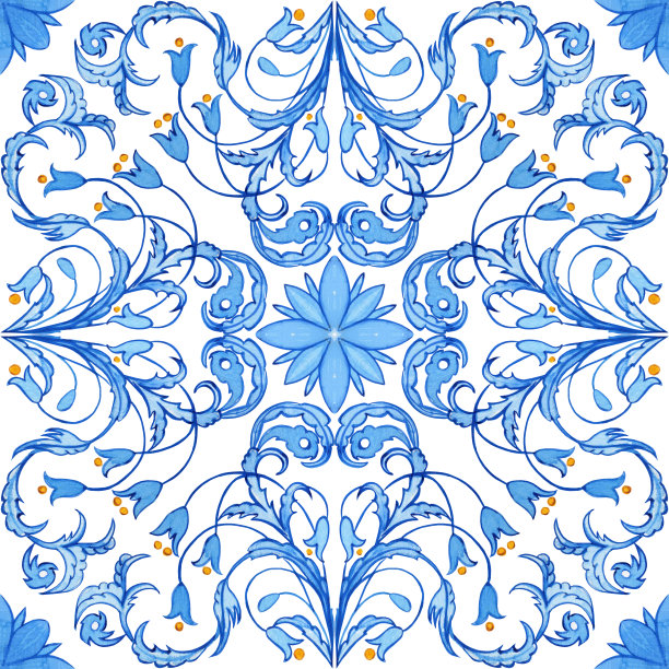 马略里卡水彩无缝图案。西西里手绘装饰。传统的蓝色和黄色瓷砖。葡萄牙传统的azulejo图案。摩洛哥风格。图片下载