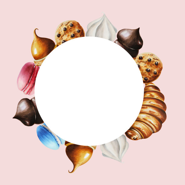 水彩框架与蛋白杏仁饼，饼干，棉花糖巧克力，蛋白霜，泡芙，羊角包，巧克力饼干..为设计师，菜单，商店，酒吧，小酒馆，餐厅，明信片，包装纸，封面。海报及纺织品图片下载