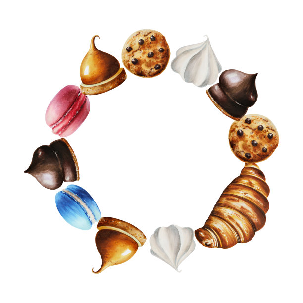 水彩框架与蛋白杏仁饼，饼干，棉花糖巧克力，蛋白霜，泡芙，羊角包，巧克力饼干..为设计师，菜单，商店，酒吧，小酒馆，餐厅，明信片，包装纸，封面。海报及纺织品图片下载