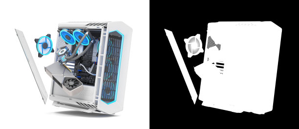 电脑游戏PC与霓虹灯未来的现代工作场所3d渲染在白色与阿尔法图片下载