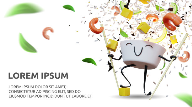 夏威夷餐厅网站设计模板。插图与可爱的poke碗的登陆页。3D渲染卡通卡哇伊戳食材-大米，鳄梨，芒果，虾，酱油，芝麻和筷子图片下载