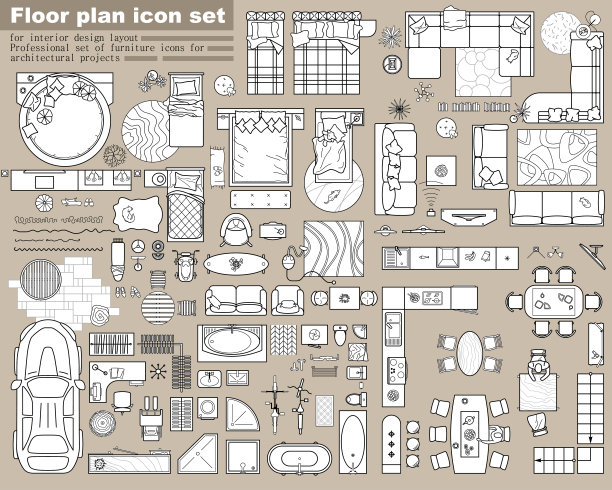 用于设计室内和建筑项目的平面图图标(从上面看)。家具细线图标在顶视图布局。蓝图的公寓。向量图片下载