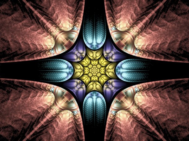 蓝色、黄色、紫色和棕色在黑色背景上镜像火焰分形图片下载