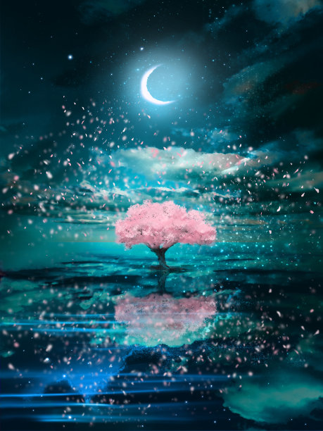 神秘的幻想背景插图，樱花盛开的树上升到海面和暴风雪的花反映在海面上。图片下载