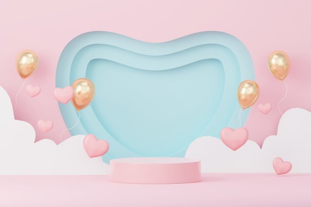 情人节快乐。最小的甜蜜爱情场景与展示平台模拟和产品品牌展示。粉色底座。可爱可爱的心形背景。爱天的设计风格。3 d渲染。图片下载
