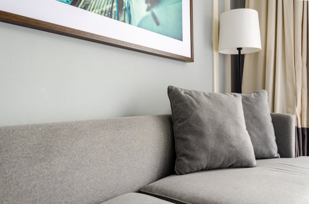 舒适的客厅内部的细节。灰色沙发上放着两个布质沙发垫图片下载