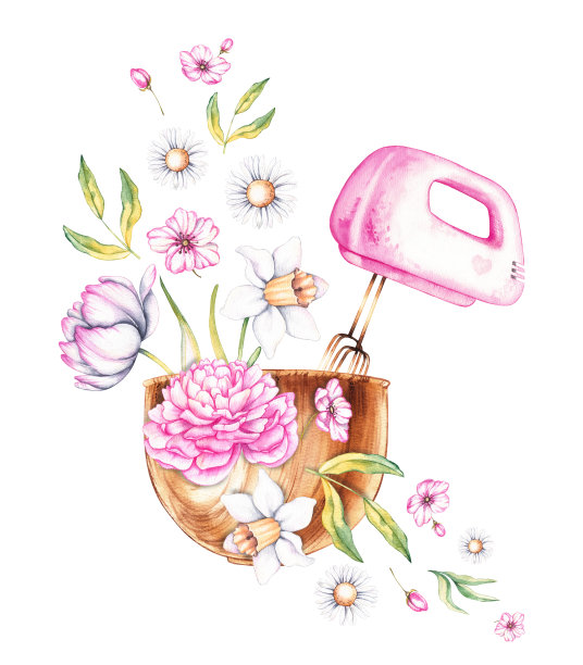 水彩构图与碗，搅拌机，花在白色的背景图片下载
