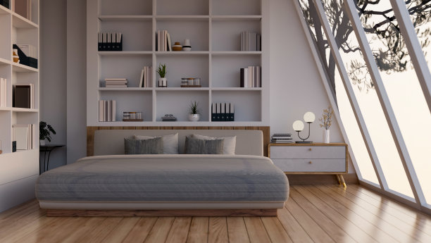 舒适和现代的卧室室内设计，舒适的床对着内置的架子图片下载