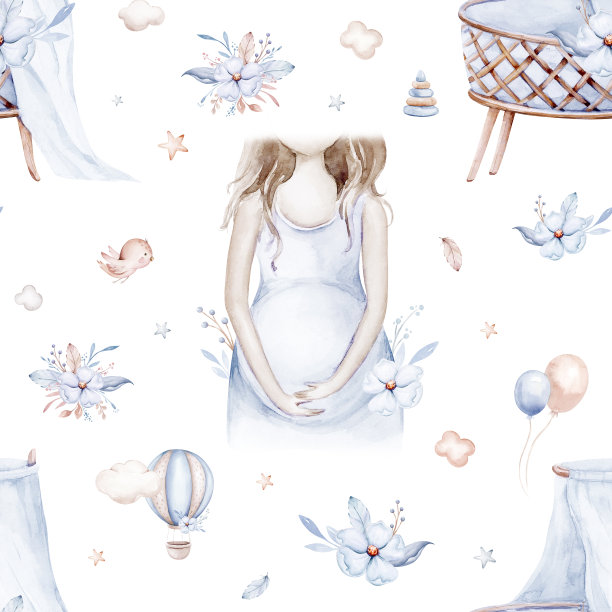 水彩新生儿男婴无缝图案婴儿男婴。生日蓝色背景的帐篷，新生儿和怀孕前的妇女图片下载