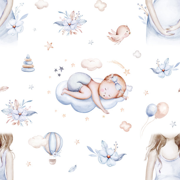 水彩新生儿男婴无缝图案婴儿男婴。生日蓝色背景的帐篷，新生儿和怀孕前的妇女图片下载