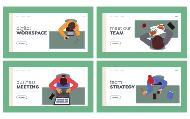 办公室工作人员登陆页模板集。商务人物坐在办公室顶视图中的工作场所。会议人员图片下载