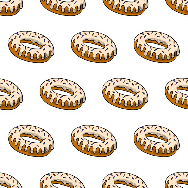 白色无缝矢量背景与美味的甜甜圈与白色软糖图片下载