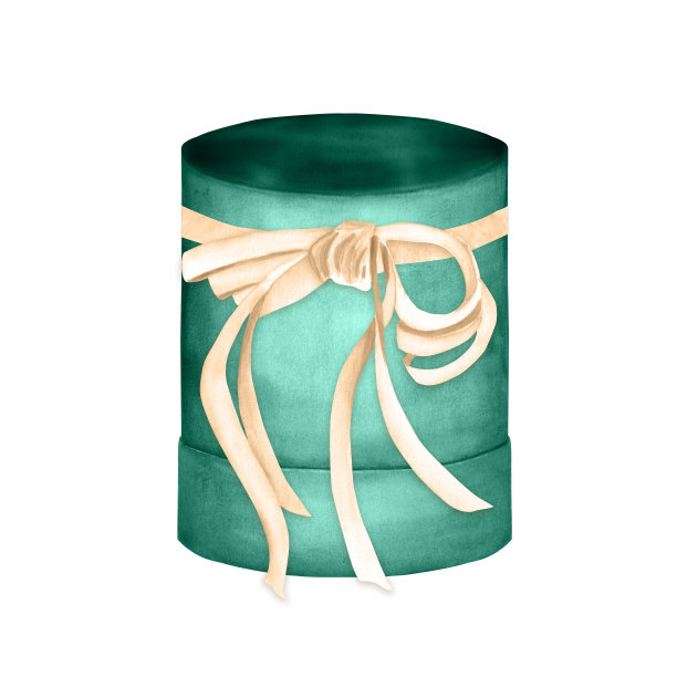 手绘水彩花包装:翠绿色盒带彩带图片下载