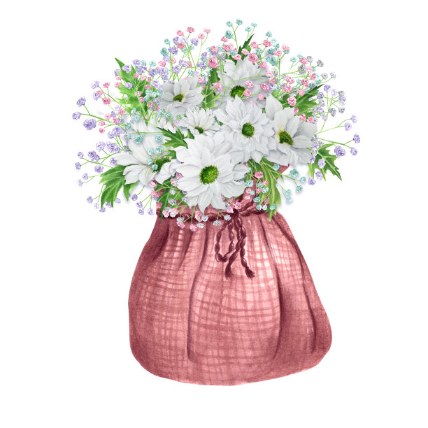 手绘水彩花束白菊花和其他花卉在玫瑰麻袋图片下载