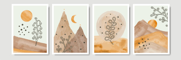 现代墙壁艺术与山的印刷。模板当代水彩在极简主义风格。中性波西米亚艺术印花。美学现代。摘要山景横幅征集。室内水彩墙面装饰集合设计，海报图片下载