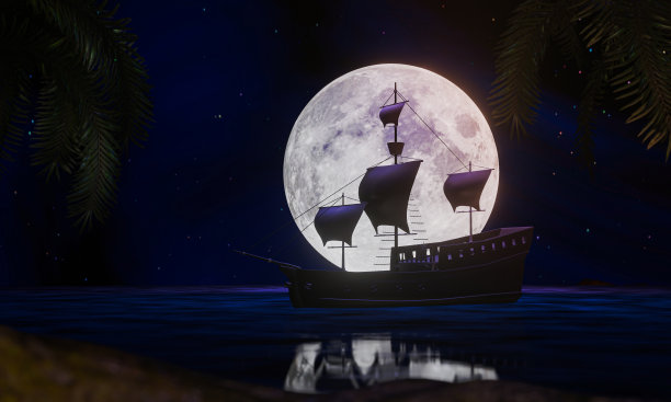 海盗船在满月之夜在海上发现了一个宝藏箱。帆船的剪影或影子反射水面在夜晚与星星在天空。三维渲染图片下载