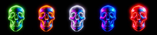 发光的头骨，多色，黑色背景上的赛博朋克或科幻小说或科幻电影的浅色色调。3 d渲染。图片下载