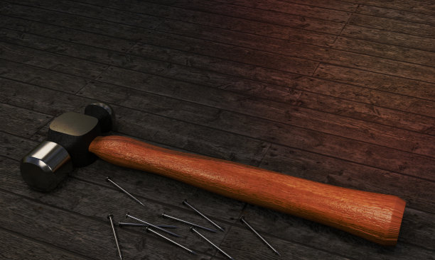 光泽金属锤钢制手柄为木质。铺在破损的旧木板地板上，并放置了一些金属钉子进行3D渲染。图片下载