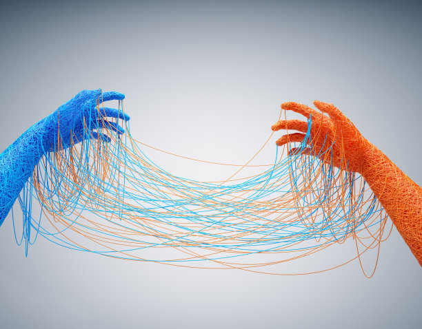 五颜六色的手用电线绑在一起。团队建设和网络概念。图片下载