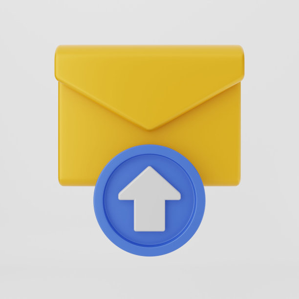 三维渲染的黄色信封与蓝色向上箭头图标底部邮件图片下载