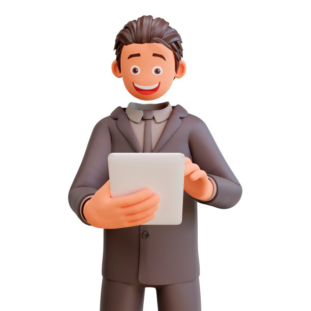 一个商人在白色背景上手持平板电脑的3d插图图片下载