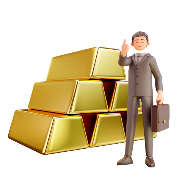 3d渲染一个商人提着一个手提箱，身后有一堆金子图片下载