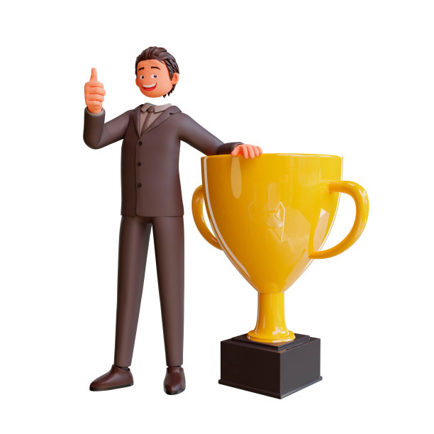 3d渲染一个快乐的商人站在锦标赛的杯子旁边图片下载