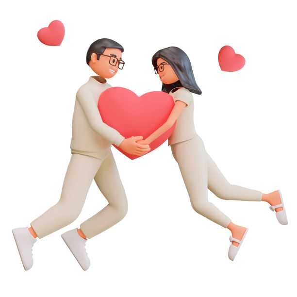 3D渲染的一对夫妇抱着一个大红心，互相看着对方图片下载
