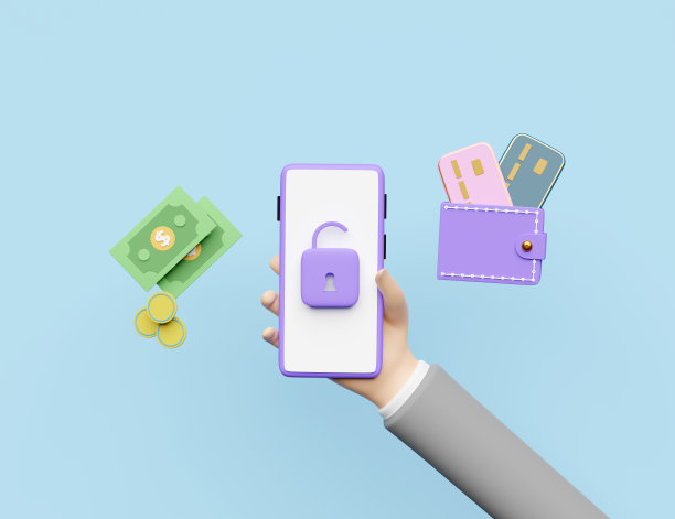 商人手持手机，智能手机与解锁，钞票，信用卡隔离在蓝色背景。互联网安全，隐私保护，勒索软件保护概念，3d插图，3d渲染图片下载