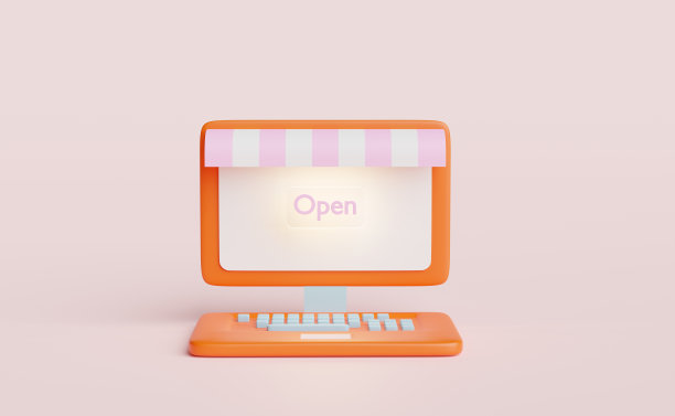 橙色笔记本电脑显示器与商店正面，开放标签标签隔离在粉红色背景，网上购物概念，3d插图或3d渲染图片下载