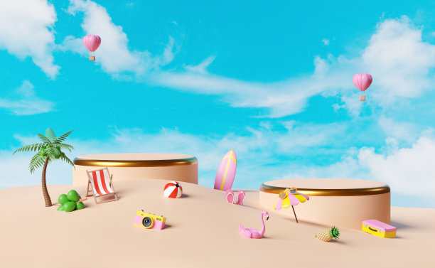 圆柱体舞台讲台空与冲浪板，海滩，棕榈树，椰子树，岛屿，相机，雨伞，行李箱，凉鞋孤立在蓝天背景，购物夏季销售概念，3d插图或3d渲染图片下载