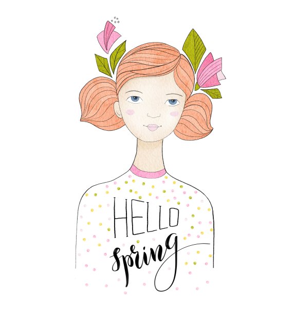 可爱的年轻女孩，姜黄色的头发和鲜花。你好，春天的字母。图片下载