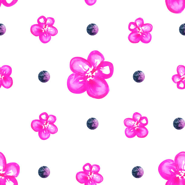 波点图案。粉红色花卉和心形插图在白色背景。爱心为情人节的背景。设计剪贴艺术。图片下载