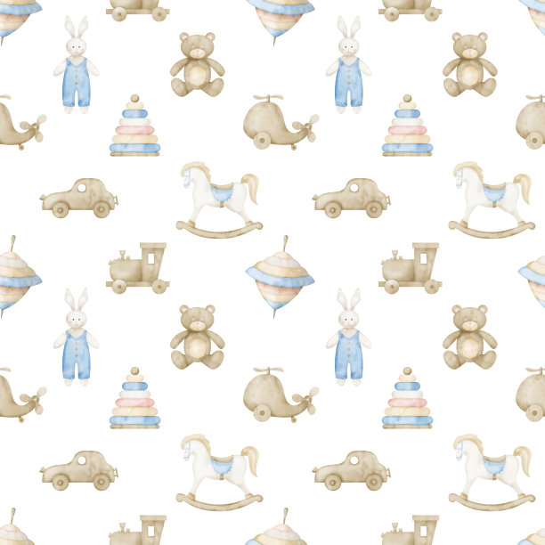 无缝图案与水彩波西米亚婴儿玩具，如木制木马，泰迪熊，汽车和旋转木马。手绘插图在白色背景。用于包装纸或儿童壁纸的图画图片下载