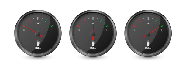矢量三维现实的黑色气体燃油箱压力表，油位条设置隔离。满和空。显示板，燃油表面板，汽车仪表盘细节。燃料指示器，燃气表，传感器。设计模板图片下载