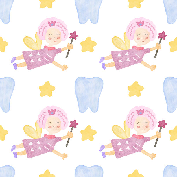 小牙齿水彩图案。可爱的卡通小牙齿。牙仙的第一个牙齿图案。手绘水彩背景数码纸图片下载