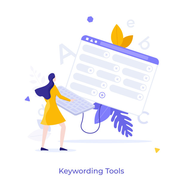女人工作在键盘连接到窗口与文字或标签。在线关键词工具概念，专业的微库存图片外包服务。现代平面矢量旗帜插图。图片下载