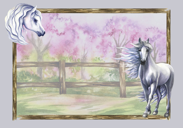 木制框架与一匹马和春天的风景。水彩绘画。明信片的设计。演示的背景。图片下载