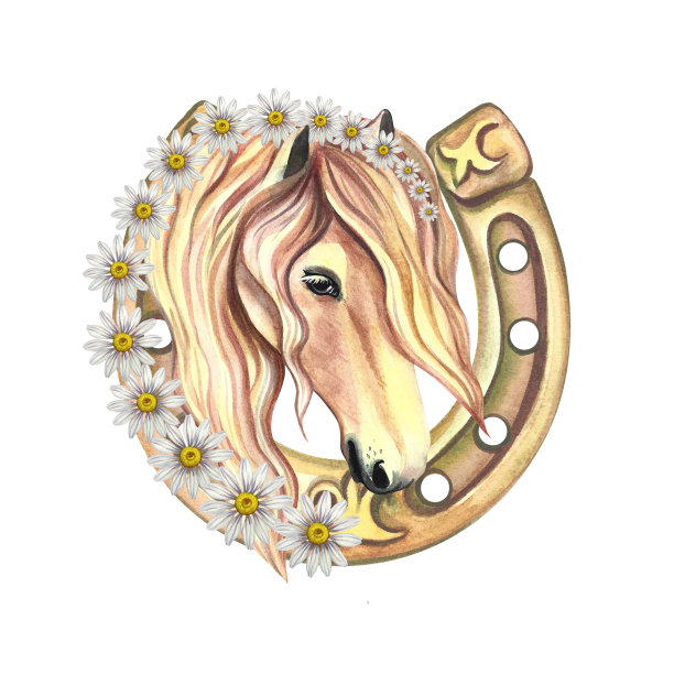 肖像一匹马在马蹄铁的背景与雏菊装饰。美丽的母马。水彩手工制作的图片下载