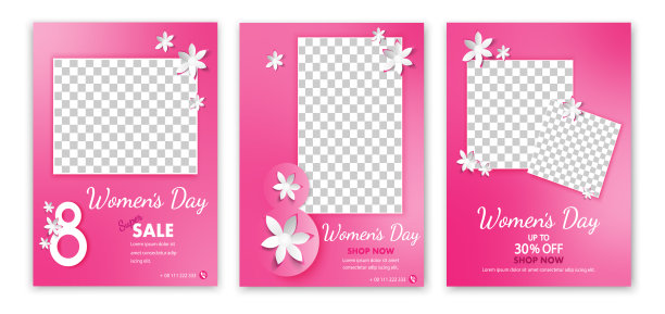 一套妇女节销售社交媒体帖子模板。网络横幅，传单或海报。社交媒体发布妇女节模板。广场社交媒体横幅帖子模板。有地方放照片。图片下载