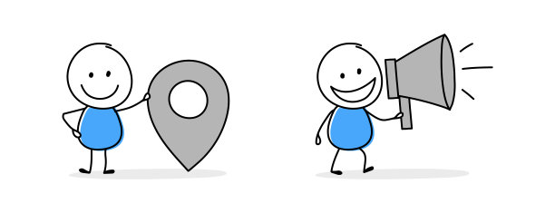 手握地图别针和喇叭符号的手绘棍棒手握地图别针和喇叭符号。卡通风格图标集。矢量图图片下载