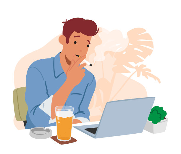 男人一边抽烟一边在笔记本电脑上工作。男性角色在办公桌前用电脑和啤酒杯深深吸着烟图片下载