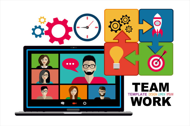 视频电话会议概念。年轻人通过虚拟用户界面窗口进行视频通话。在家工作。社会距离。远程项目管理。向量。图片下载