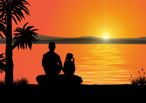 父亲和女儿坐在看日出的剪影与湖的背景矢量插图图片下载