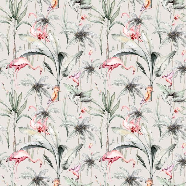 热带水彩鸟类蜂鸟，猴子和美洲虎，异国情调的丛林植物棕榈香蕉叶花，火烈鸟粉彩无缝图案织物背景图片下载