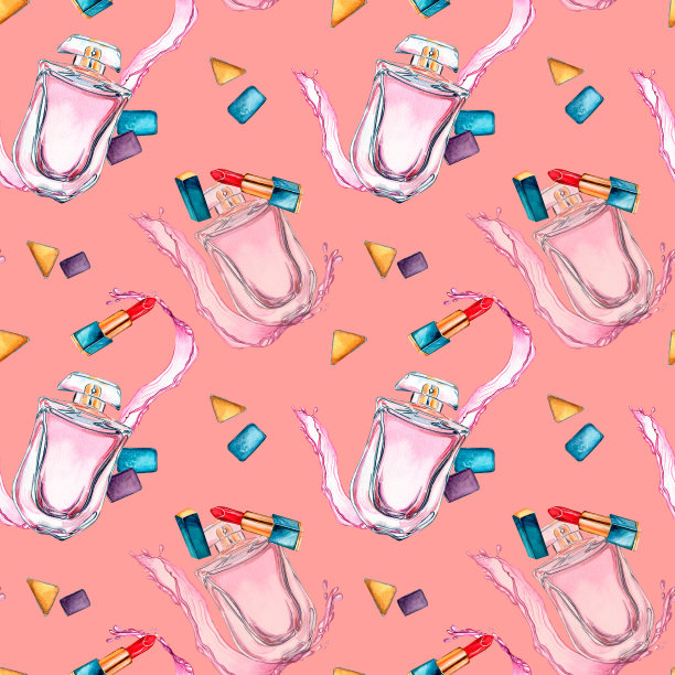 香水瓶用水花，胭脂水彩无缝花纹隔离在珊瑚上。图片下载