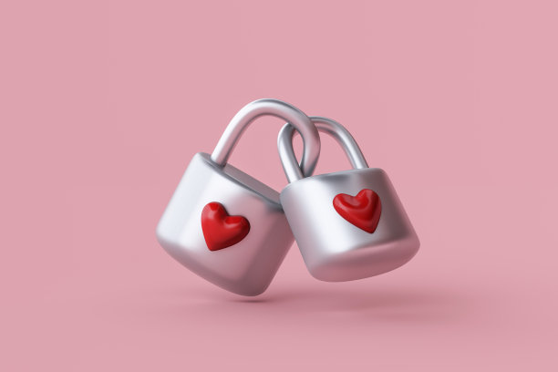 两个红色挂锁在形状与心脏孤立的白色背景图片下载