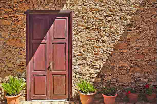 一座历史建筑的旧门，门前有花图片下载